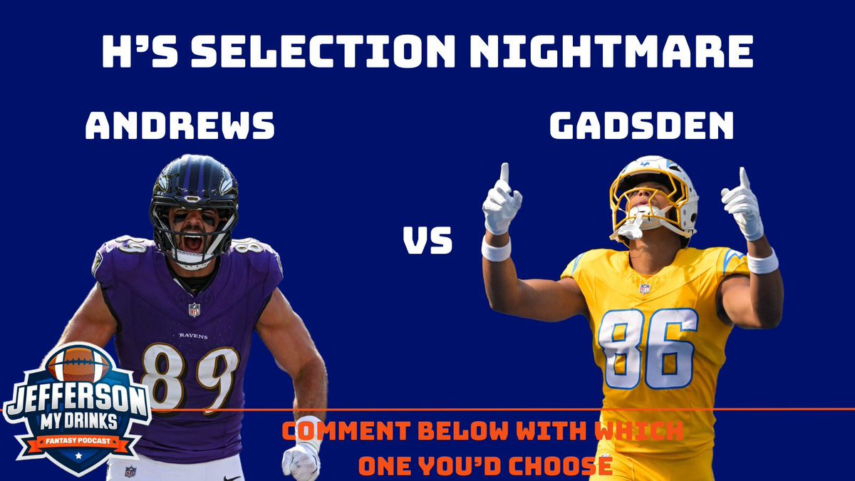 Both Pete &amp; H have got Selection Nightmares ahead of tonight's game so they urgently need your input! 

Should Pete go with Keenan Allen or Jaylen Waddle? 
Should H go with Mark Andrews or Oronde Gadsden? 

#NFL
#NFLFantasy
#Chargers
#RavensFlock
#FinsUp