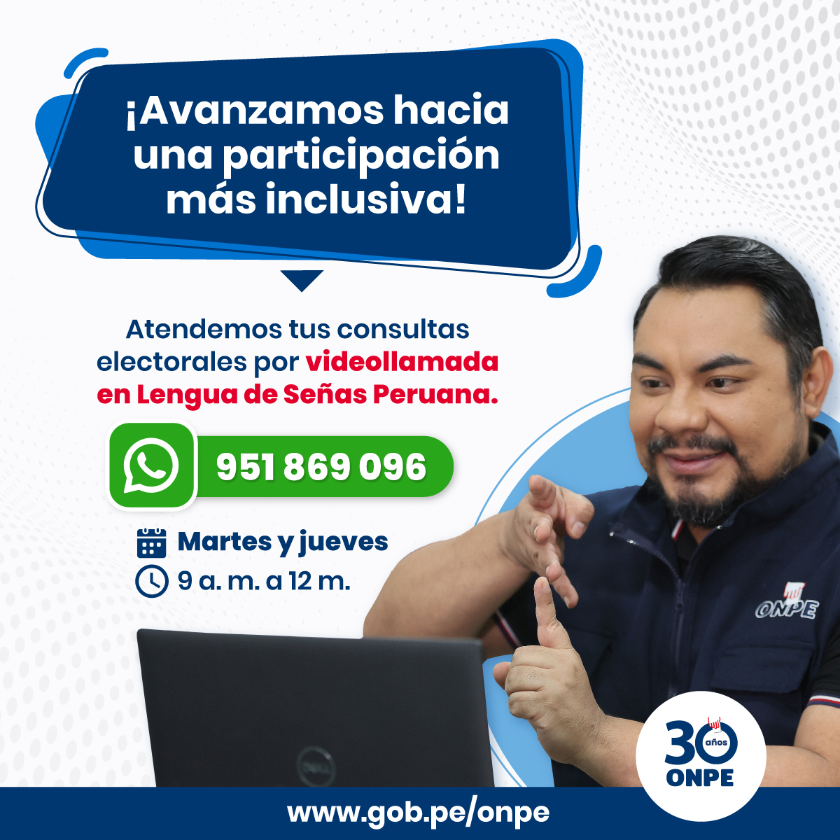 En la ONPE trabajamos para que todas las personas accedan a información electoral en igualdad de condiciones 🤝

🧏‍♀️ Si tienes discapacidad auditiva, comunícate con nosotros por videollamada al 951 869 096, los martes y jueves, de 9 a. m. a 12 m.

#ONPEparaTodos #LSPparaTodos