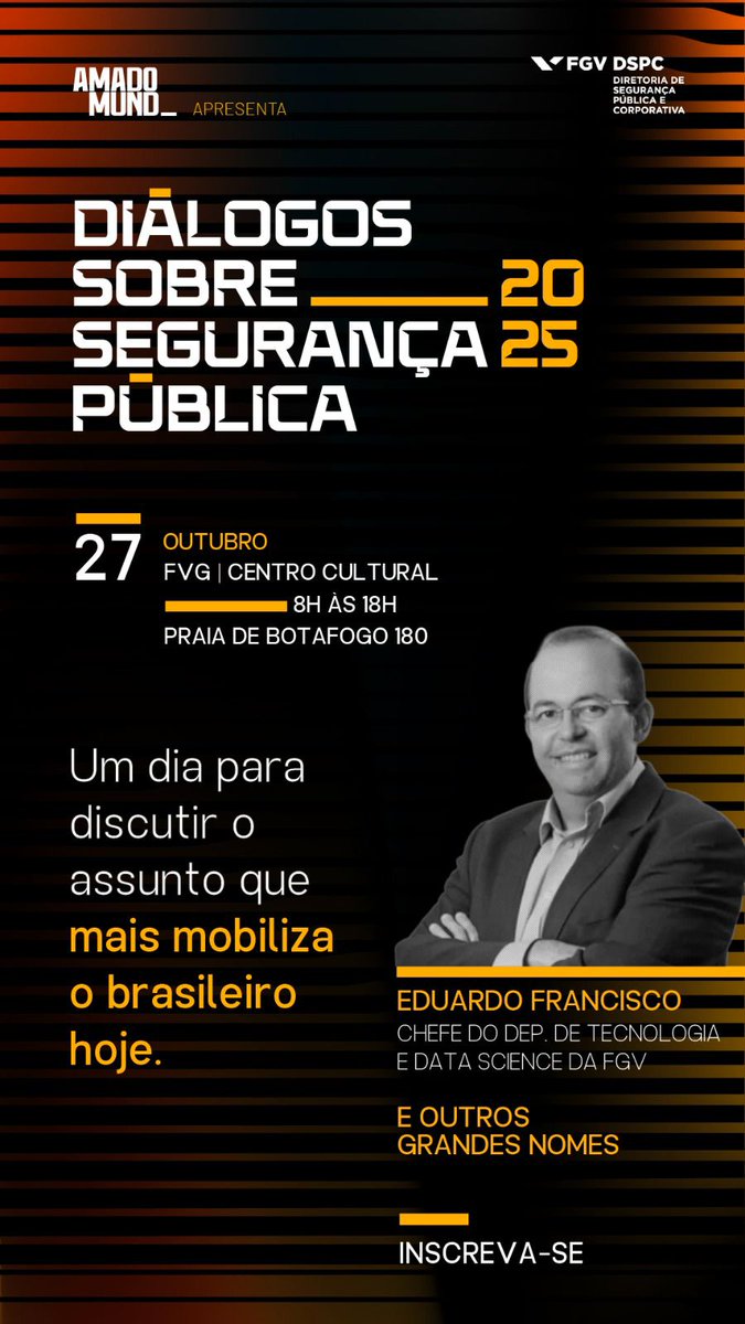 fgvanalytics's tweet photo. No dia 27/10, a FGV realiza o evento “Diálogos sobre Segurança Pública 2025”, reunindo autoridades, pesquisadores e especialistas para discutir soluções para os desafios da segurança pública no Brasil.
📍 FGV | Praia de Botafogo, 180 – RJ
🕗 8h às 18h
https://t.co/zTvvuTcNmE https://t.co/liopTuc0Ub