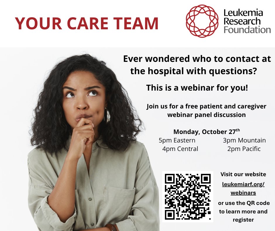 BMTInfoNet's tweet image. The @LeukemiaRF is hosting a free webinar for patients &amp;amp; caregivers on Oct 27: Your Care Team.

Learn how your hospital team members collaborate to support your care journey.

Register: leukemiarf.org/patients/webin…

#LeukemiaResearchFoundation #BMTInfoNet #CareTeam #CancerSupport