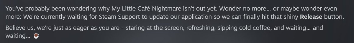 Update for the Release of My Little Cafe Nightmare! 

steamcommunity.com/app/3726250