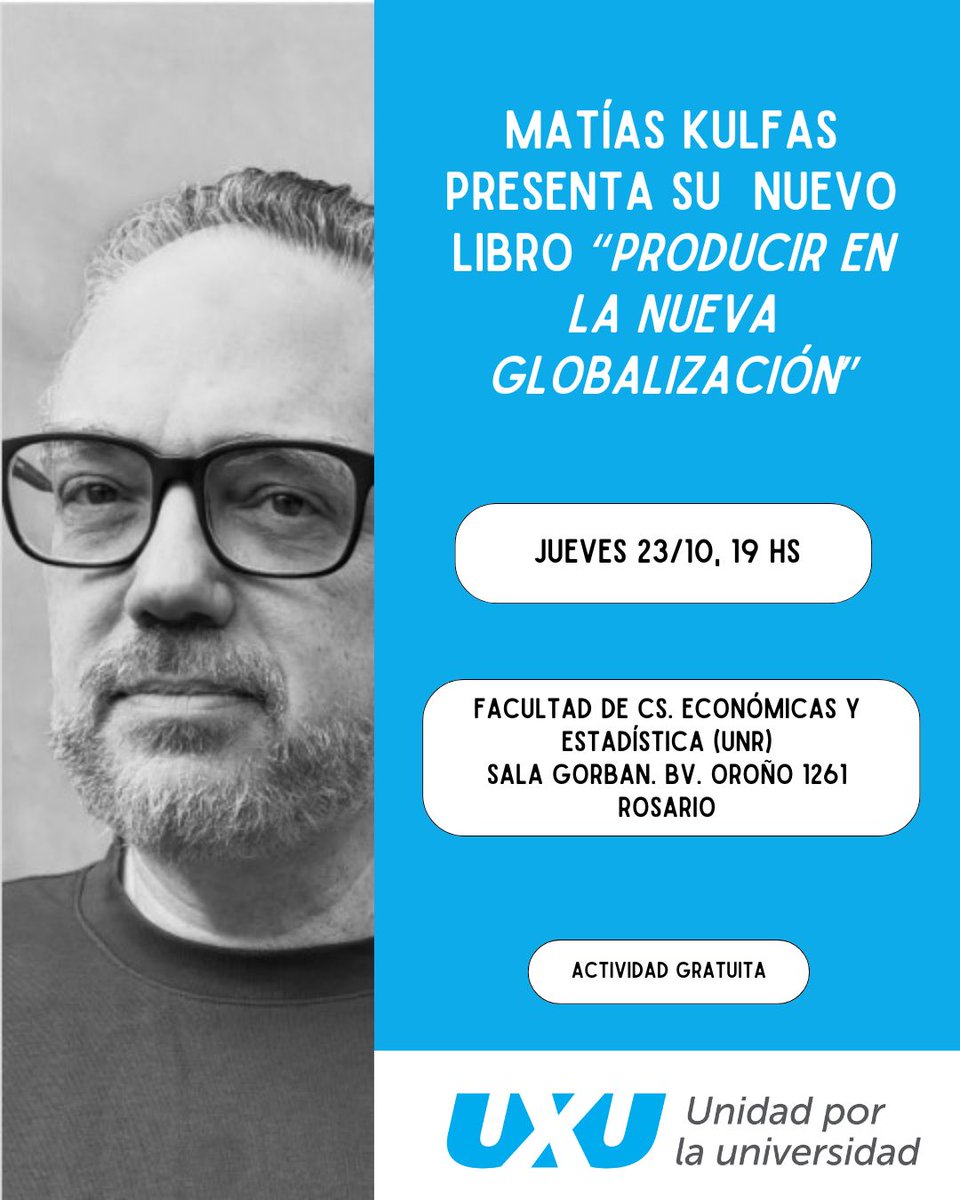 Esta tarde nos visita <a href="/KulfasM/">Matías Kulfas</a> en nuestra casa de estudios <a href="/EconomicasUNR/">FCEyE UNR</a>. (Bv. Oroño 1261)
Los esperamos en la Sala Gorban a las 19 hs