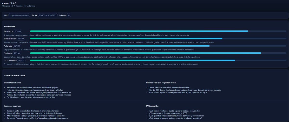 victormisavigo's tweet image. ¿Harto de que las auditorías E-E-A-T te recomienden poner una &quot;biografía de autor&quot; en una landing de servicios? 🤦‍♂️ ¡Se acabó!

He mejorado mi extensión de Chrome para que entienda el CONTEXTO de cada página (artículo, servicio, producto...). Ahora da recomendaciones que SÍ tienen…
