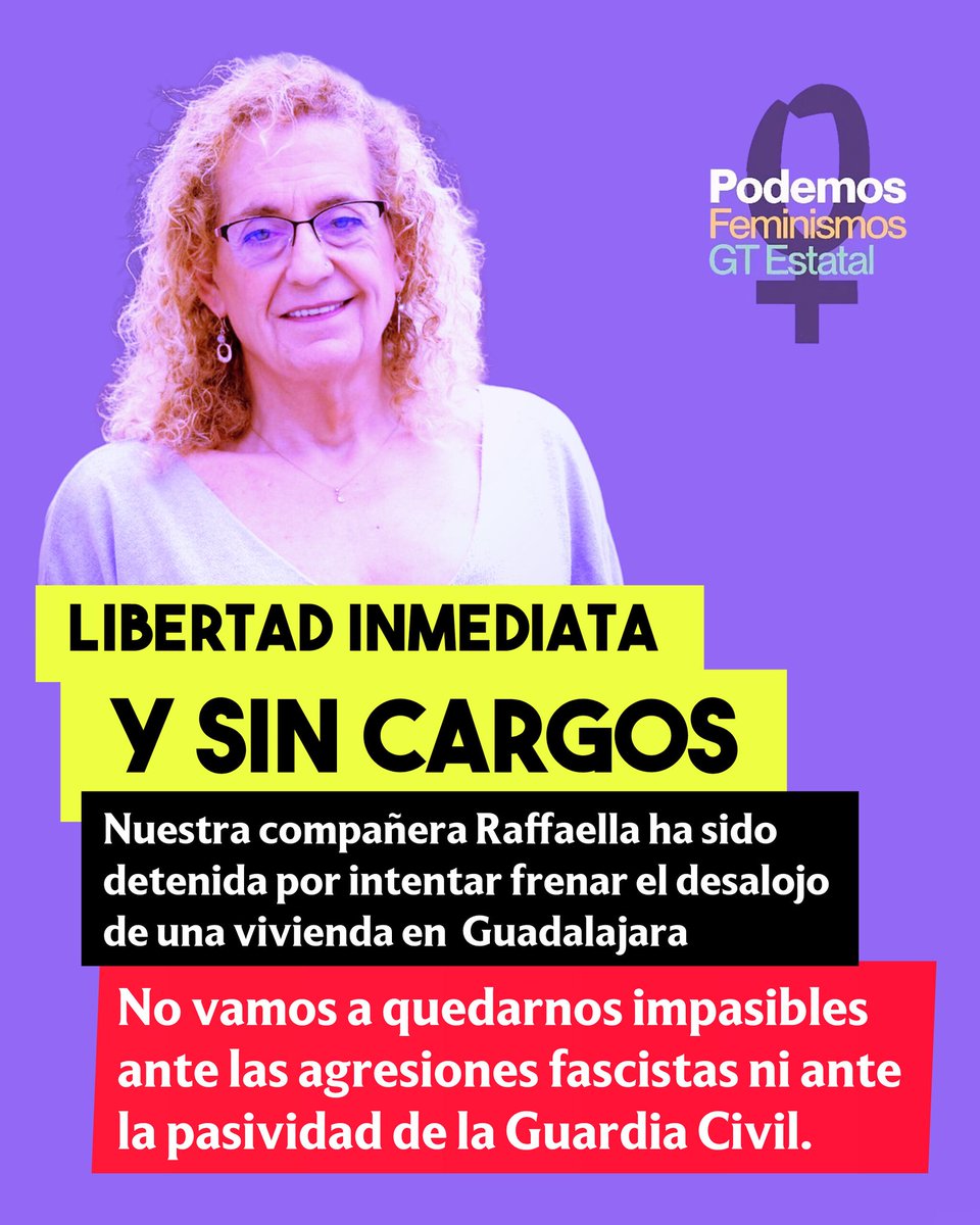 🚨 ¡Exigimos la libertad inmediata de Raffaella Corrales!
Detenida mientras intentaba frenar un desalojo en Azuqueca de Henares (Guadalajara).
✊ No a las agresiones fascistas ni a la pasividad de la Guardia Civil.
#LibertadRaffaella #Azuqueca #NoALaRepresión