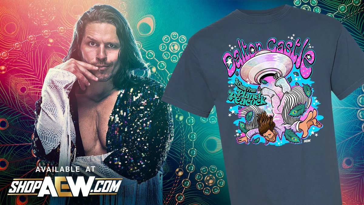 ShopAEW's tweet image. Straight from Planet Peacock, the spectacular new @theDaltonCastle tee has landed, and it&apos;s available now at ShopAEW.com 🦚