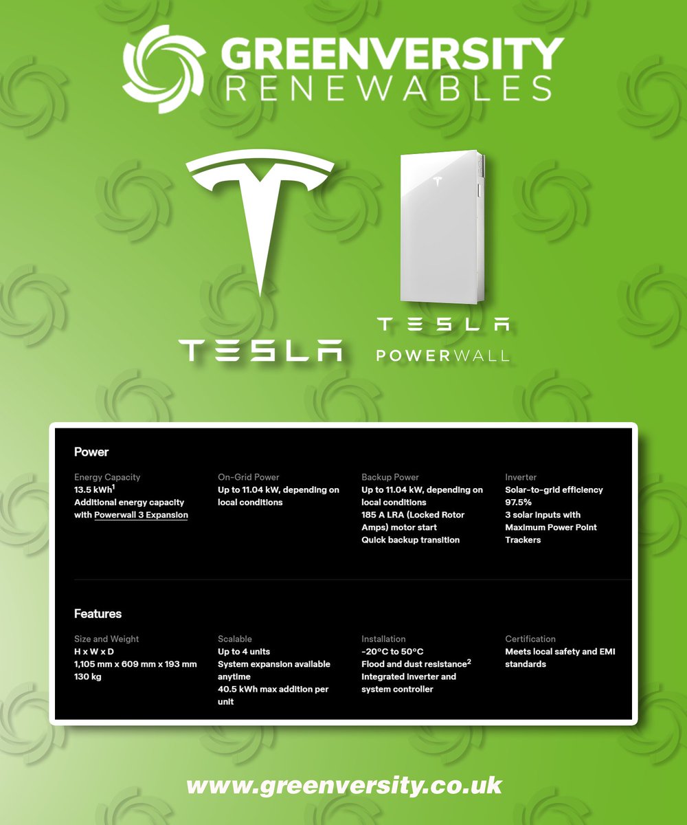 WE ARE TESLA POWERWALL CERTIFIED INSTALLERS

A Tesla Powerwall 3 can:

✅Use stored energy to power your home
✅Recharge with clean energy
✅Keep appliances running

greenversity.co.uk

#TeslaPowerwall #Powerwall #TeslaEnergy #EnergyStorage #HomeBattery #SolarStorage