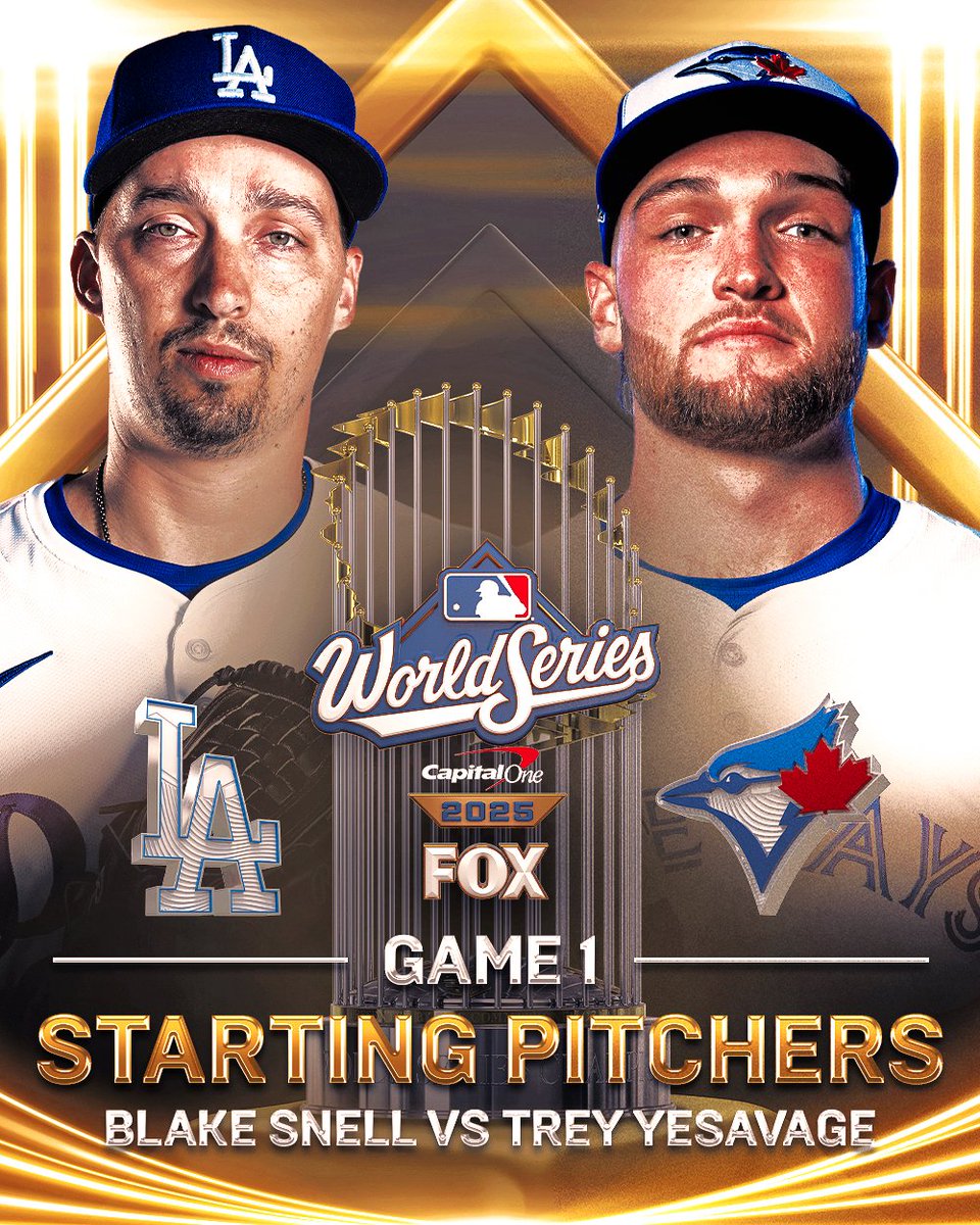 Snell vs. Yesavage 🔥 

The World Series Game 1 starting pitchers have been announced #WorldSeries 

Coverage begins TOMORROW at 7 PM ET on FOX
