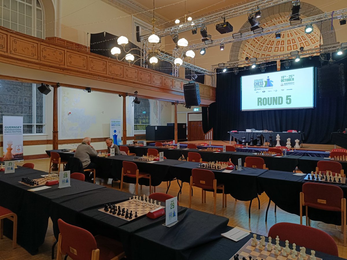 One game left in progress in the 5th round Challengers section of the 49th BWCI Guernsey International Chess Festival.