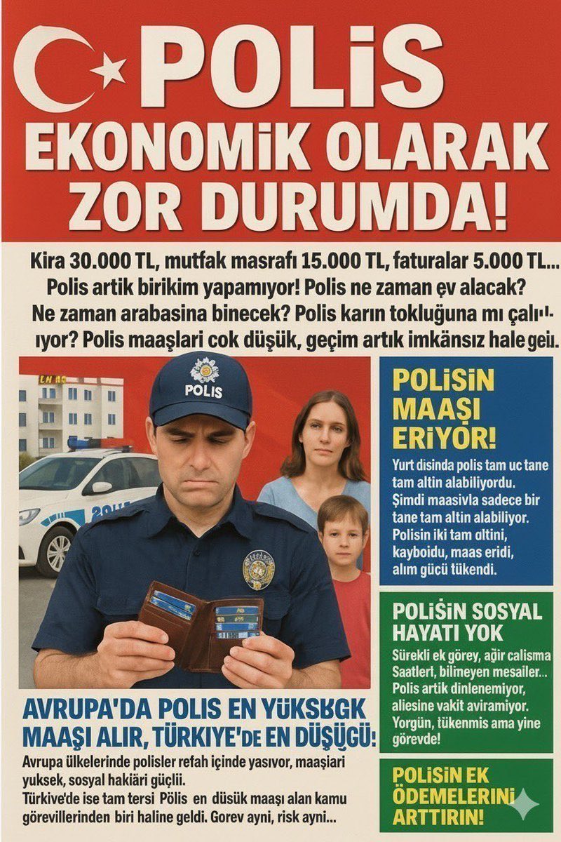 Sn. <a href="/AliYerlikaya/">Ali Yerlikaya</a> Tüm memurlar fazla çalışma ücreti alırken, gecesi gündüzü olmayan Polisler sadece aylık maaş ile geçinmeye çalışıyor. Acaba bugünde kör kurşuna denk gelmeden geçermi diye düşünürken birde geçim derdindeler. Desteğinizi istiyoruz. Sayg. #PolisMeslekKanunuİstiyor