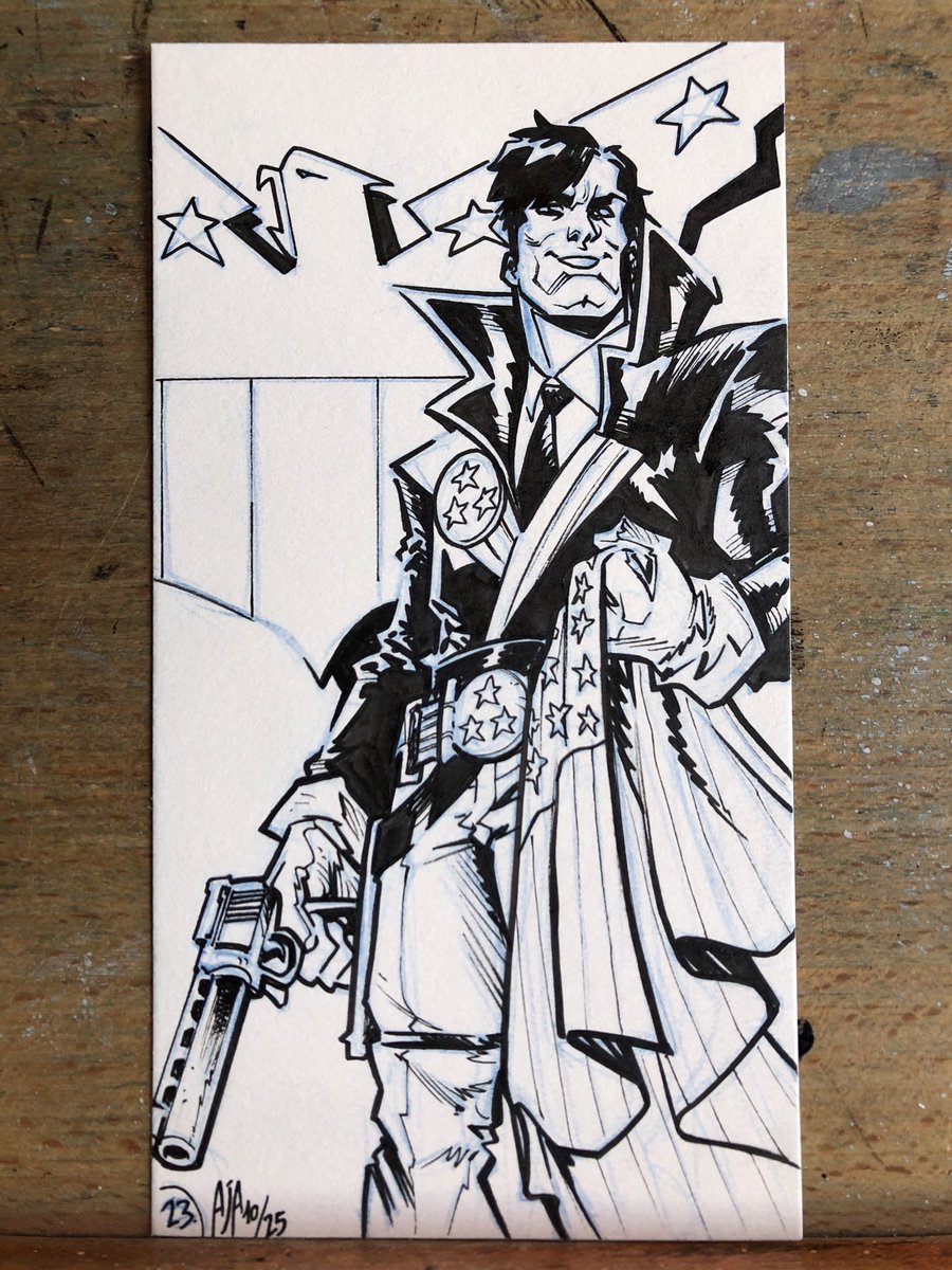 ajalburquerque's tweet photo. Day 23 of #ic3tober cool list that @matthewsardo came up with.
#inktober #inktober2025 #americanflagg #howardchaykin #inkonpaperdrawing #indiecomics #indiecomicbooks #indieartists #comicartwork #inktoberday23 https://t.co/g0FMcnL0kj