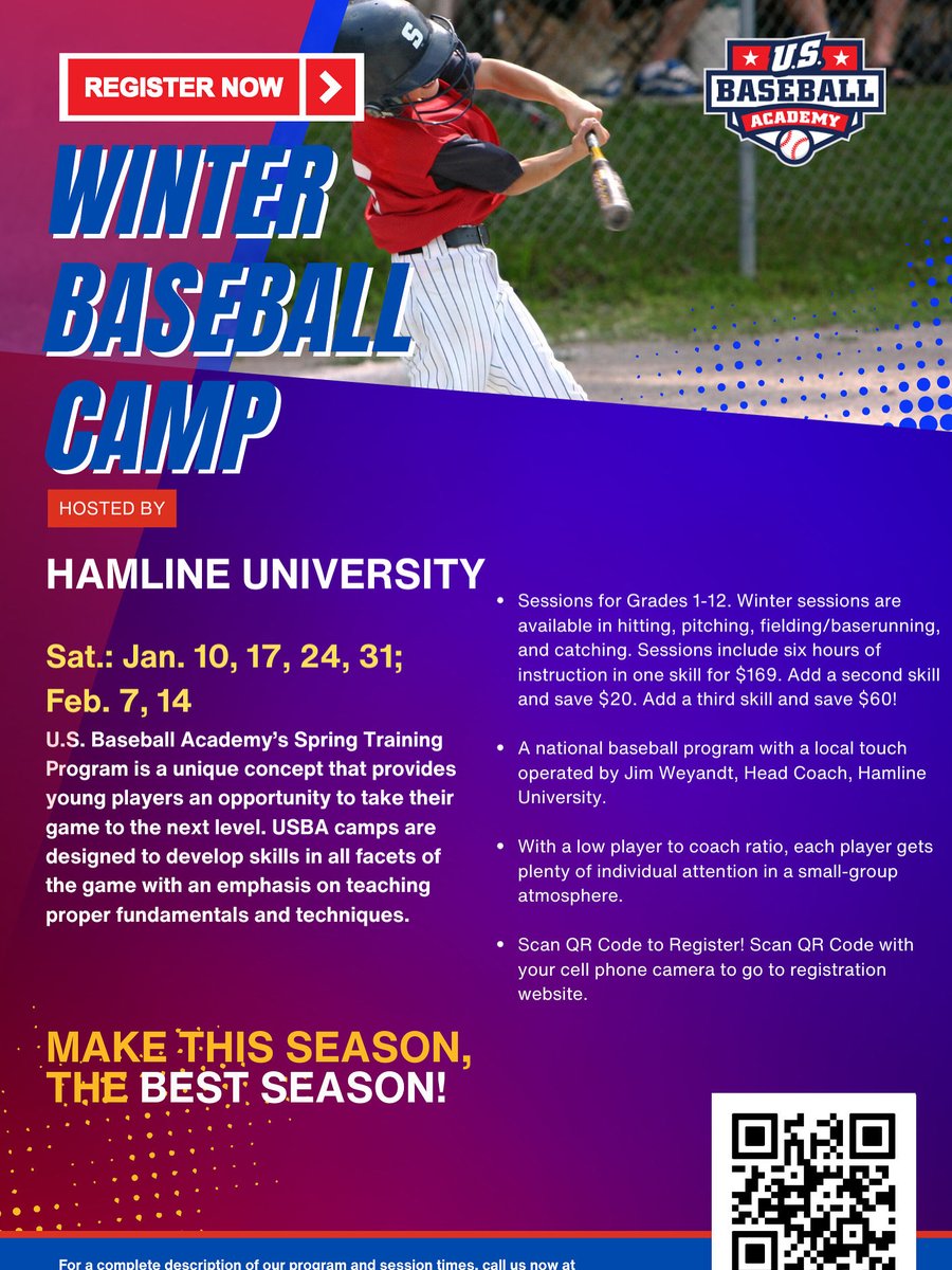 U.S. Baseball Academy 🤝 HU

Come join U.S. Baseball Academy &amp; Hamline University’s Baseball Program for our annual Winter Baseball Camp!

👥 - 1st-12th Graders
❓ - Pitching, Hitting, Fielding, Baserunning, &amp; Catching
📍 - Walker Fieldhouse (HU)
🗓️ - Saturdays, Jan 10 - Feb 14