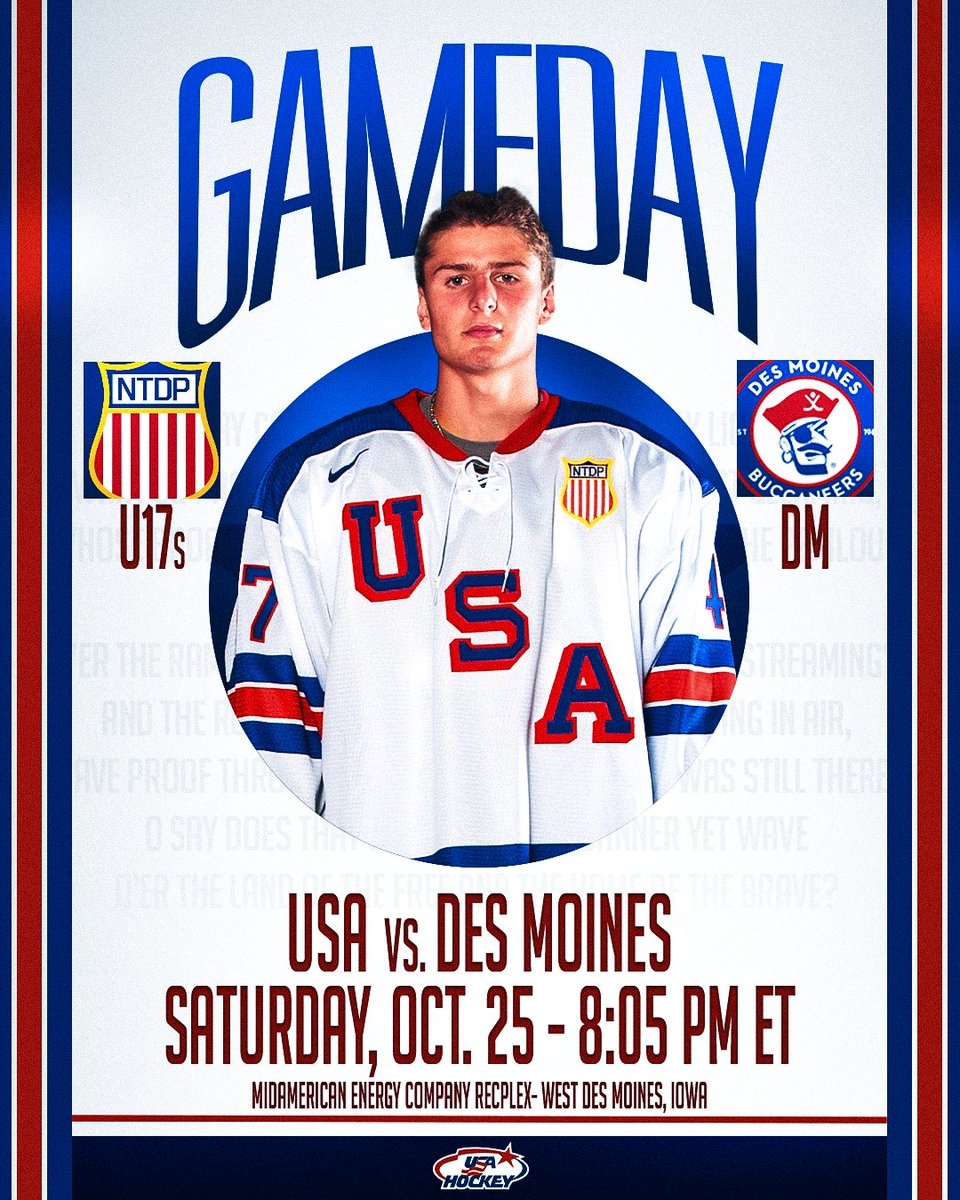 USAHockeyNTDP's tweet photo. Round 2 ๐ฅ
๐- Des Moines Buccaneers
โฐ - 8:05 p.m. ET
๐ - MidAmerican Energy Company RecPlex
๐บ - https://t.co/hH2VDmQOlI
#USAvsDM https://t.co/CLm9YcprK4