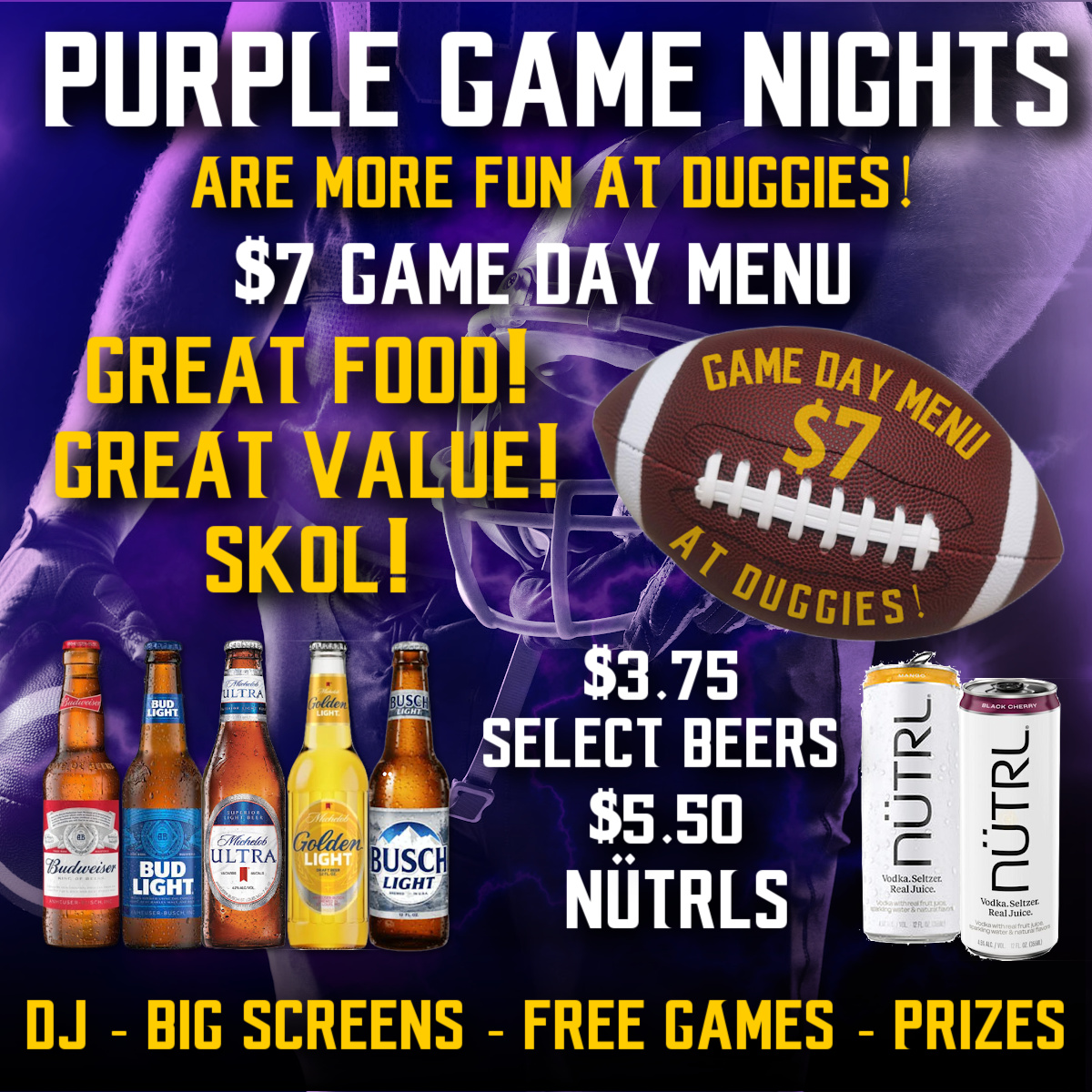 Another PURPLE game night! Let's do it!
Drink specials, $7 game day menu, FREE numbers board, trivia, prizes, a DJ and the game on the BIG screens with sound!
Kick off @ 7:15! 🏈
#Skol