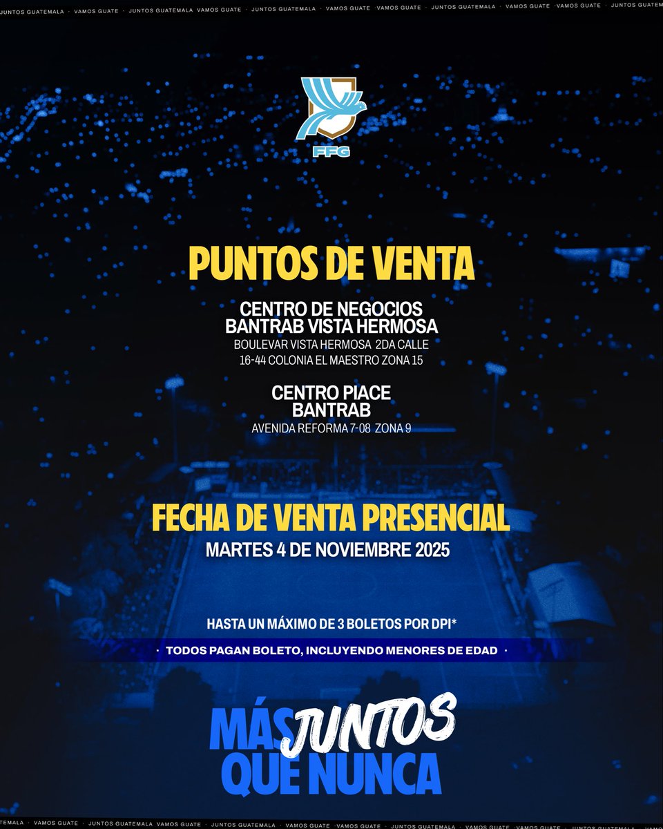 fedefut_oficial's tweet photo. ¡𝗠𝗔́𝗦 𝗝𝗨𝗡𝗧𝗢𝗦 𝗤𝗨𝗘 𝗡𝗨𝗡𝗖𝗔! ⚽️💙

A partir del 4 de noviembre puedes adquirir tus entradas para los partidos de local de la #SeleMayor de la ronda final de la eliminatoria mundialista.

#VamosGuate #ModoSelección 💪🏽🇬🇹⚽️💙 https://t.co/IM7KqlkrFb