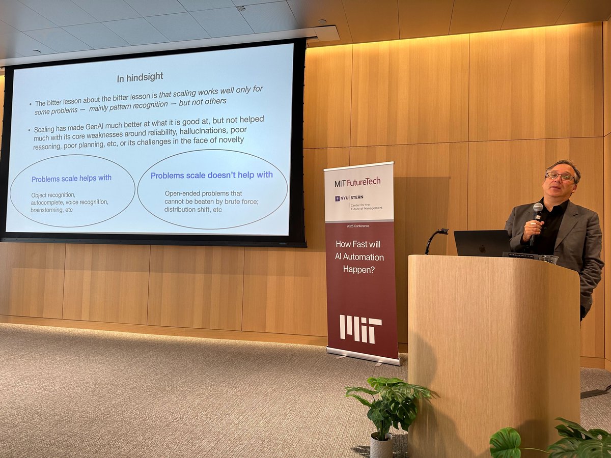 MITFutureTech's tweet photo. @GaryMarcus delivers a bitter lesson on the bitter lesson - scaling works well only for some problems - mainly pattern recognition - but not others #AIExpert #Scaling #MITFutureTech #AIConference https://t.co/5aVfZQJxFs