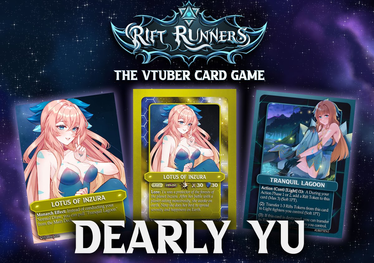 Set 4 Reveal: The lovely blue Lotus, <a href="/dearlyyu_vt/">DearlyYu💙🪷 | Blue Lotus VTuber | 2.0 FEB 2026</a> is coming to the next set of Rift Runners!! 

(Art by <a href="/Hyanne_Zen/">Hyanne Zen ✧</a> and <a href="/AvetetsuStudios/">Avetetsuya Studios</a> ) #RiftRunners #Vtuber #TCG