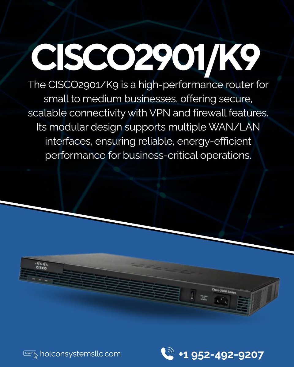 exciscokit's tweet image. Experience enterprise-level performance with the CISCO2901/Kg Router — the ultimate solution for small to medium businesses. 
#holconsystems #networkingsolutions #ithardware #networkefficiency  #businessconnectivity