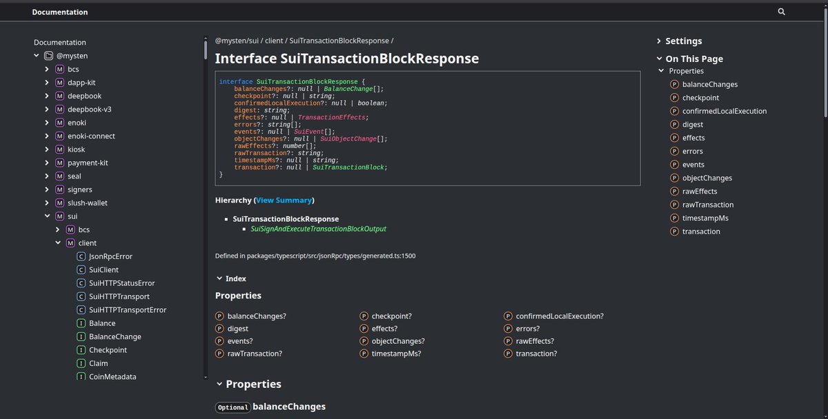 This is definitely my most visited documentation this month. It's an excellent typedoc by <a href="/SuiNetwork/">Sui</a>. The attention to detail shows how much the ecosystem cares about its developers. You can try it out and share your thoughts: sdk.mystenlabs.com/typedoc/index.…