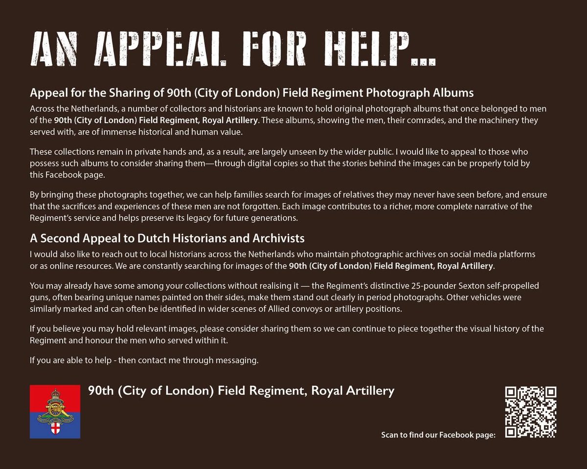 Can you help? Do you know anyone with a 90th (City of London) Field Regiment Photo Album? Is it in a drawer or cupboard, unseen by anyone? Faces with no names? Someone's brother, father, grandfather or great grandfather? Please share: 

#royalartillery #ww2history #ww2