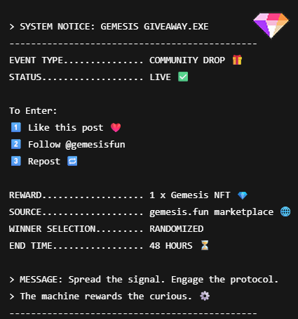gemesisfun's tweet photo. System Notice: 💾 Gemesis NFT Giveaway Live! 🎁

$GEMSTR #Gemesis #NFT #Giveaway #OpenSea https://t.co/iTt2mEUafz