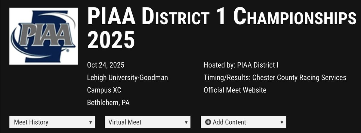 XC racing at the District 1 AA Championships tomorrow Friday 10/24 at Lehigh University- Goodman Campus. Going after their 5th District Championship in 6 years. Race time 11:30 AM. As Always Be Competitive. Race Well. Enjoy.