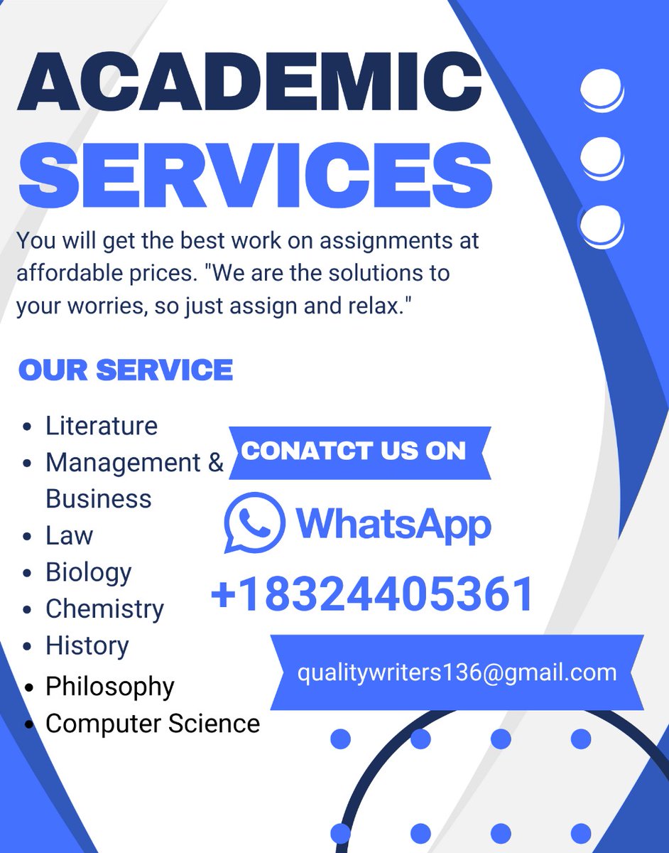 Mindsetconquer's tweet image. Consider hiring me to handle;
-Essay due
-Homework
-Test help
-Stats
-Online class,,
-Pay paper
-Math
-History paper
-Law
-Maths
-Philosophy
-Research paper help
-Discussion post help
-Psychology
-Assignment
-Coursework
DM
