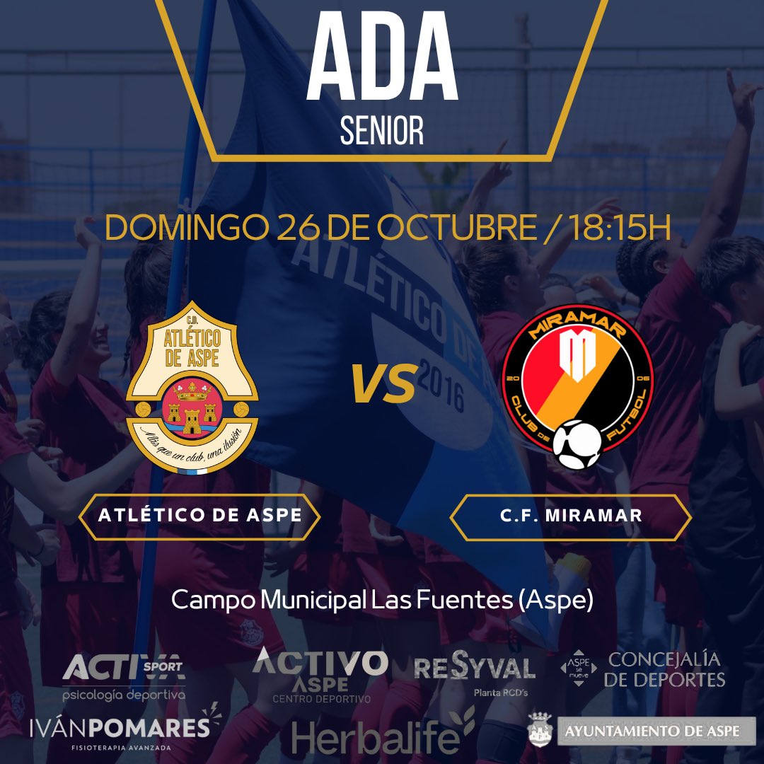 𝐐𝐮𝐞 𝐫𝐮𝐞𝐝𝐞 𝐞𝐥 𝐛𝐚𝐥𝐨́𝐧... ⚽️

𝐒𝐄𝐍𝐈𝐎𝐑 |
🆚 CF Miramar 
🗓️ Domingo 26 de octubre
⏰ 18:15 horas 
🏟️ Campo Municipal Las Fuentes (Aspe)

¡𝐕𝐀𝐌𝐎𝐒 𝐀𝐃𝐀! 🚀💙