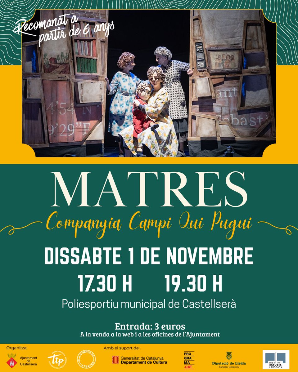El proper dia 1 podrem gaudir de l'espectacle "Matres" de la companyia Campi Qui Pugui. Es realitzaran dos passis, un a les 17.30h i un altre a les 19.30h.

Compreu les entrades a través de la APP Eagora i també de la web de l'Ajuntament.