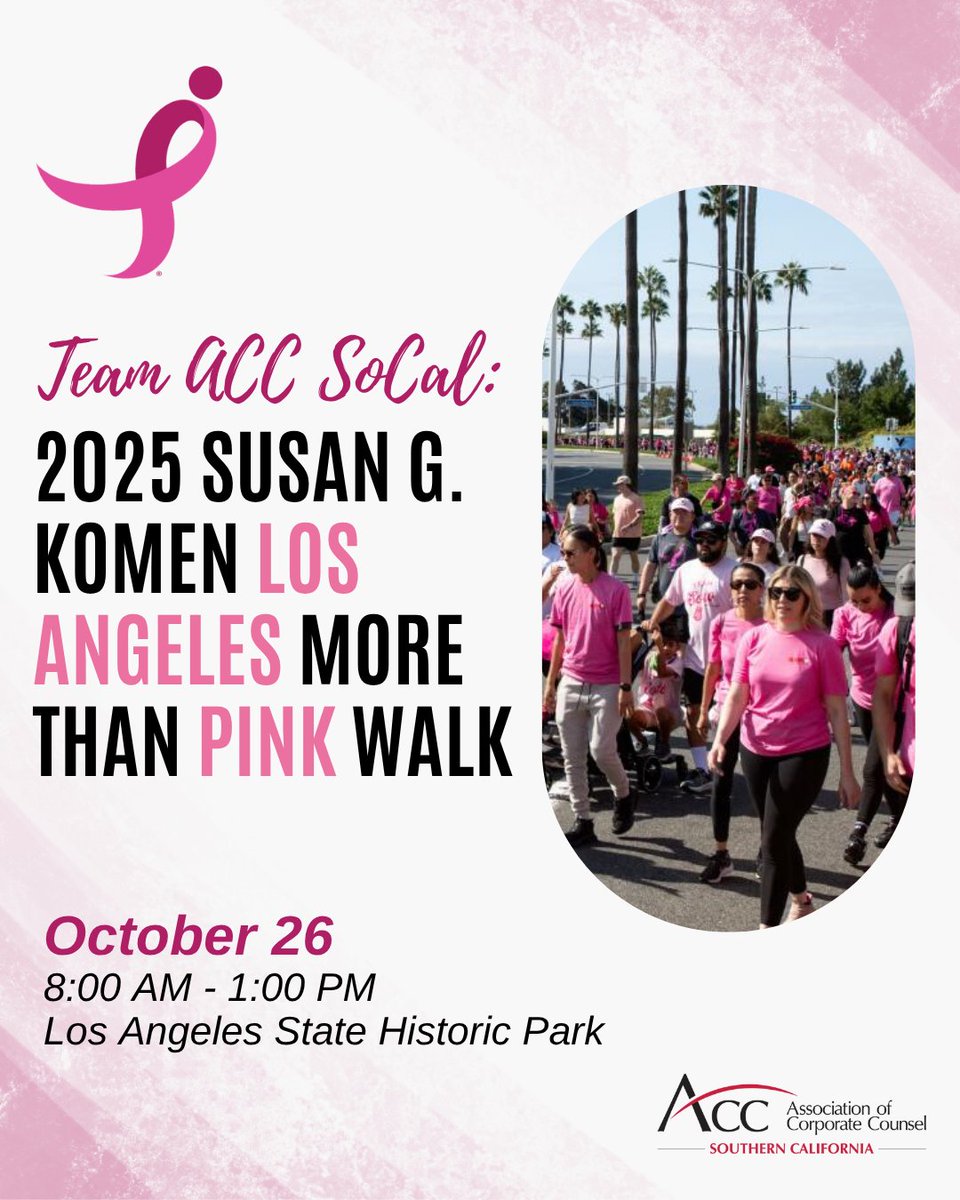 Team ACC-SoCal: 2025 Susan G. Komen Los Angeles MORE THAN PINK Walk

ACC-SoCal’s Pro Bono Committee and Well Being Committee are coming together to make a difference, and we want YOU on our team!

Lace up your sneakers, grab your pink accessories, and let’s walk with purpose!