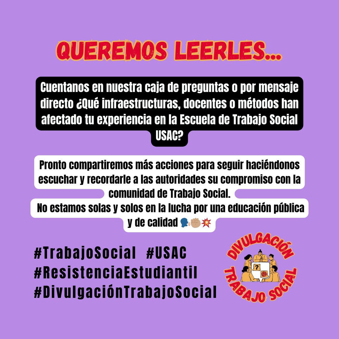 divulgaets_usac's tweet photo. Cuéntanos tu experiencia en la cajita de preguntas o por mensaje directo, con ello seguiremos haciendo acciones ante los atropellos que hemos recibido en nuestros procesos estudiantiles en la Escuela de Trabajo Social USAC; 🗣✊🏽💥
https://t.co/5vrl4zAc5F https://t.co/aGb8OuQTbg