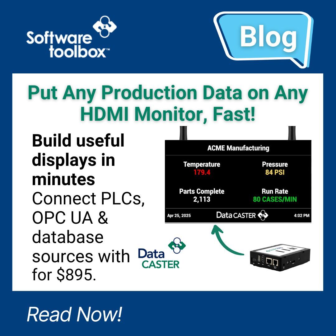 SoftwareToolbox's tweet image. 📊 Display #OPCUA info where it’s needed most! See how #DataCaster streams live industrial data to any HDMI display, no PC required. 
Watch the 3-min tutorial and read the full post: bit.ly/49jGtop. 
#DataVisualization #IndustrialAutomation #IIoT #SoftwareToolbox
