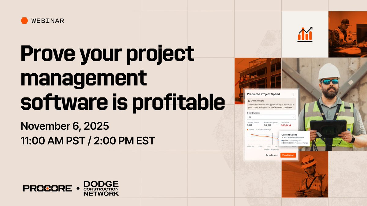 procoretech's tweet image. Is your project management software truly profitable? 💰 Procore and Dodge Data & Analytics break it down. bit.ly/4oAAYX4
#DodgeROIReport