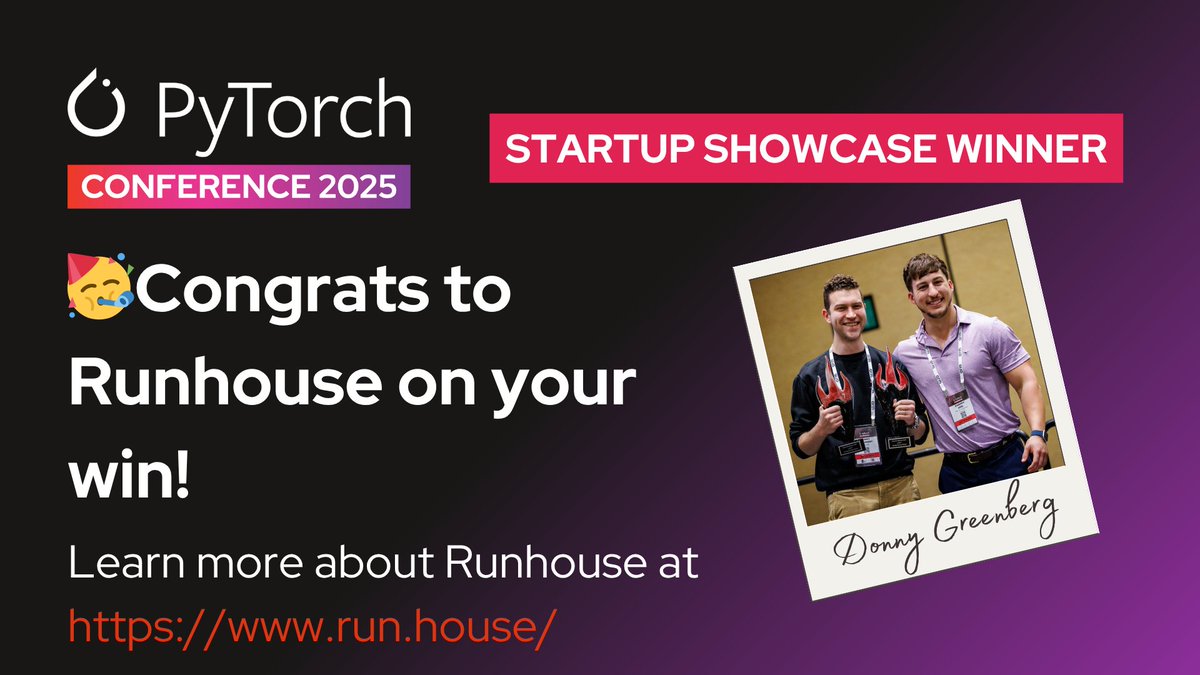PyTorch's tweet image. Congratulations to Runhouse, winner of the PyTorch Startup Showcase Award at #PyTorchCon!
Presented by Donny Greenberg, this award recognizes a standout AI startup from Tuesday's live showcase, sponsored by Dell Technologies Capital and Mayfield.
#PyTorch #StartupShowcase…