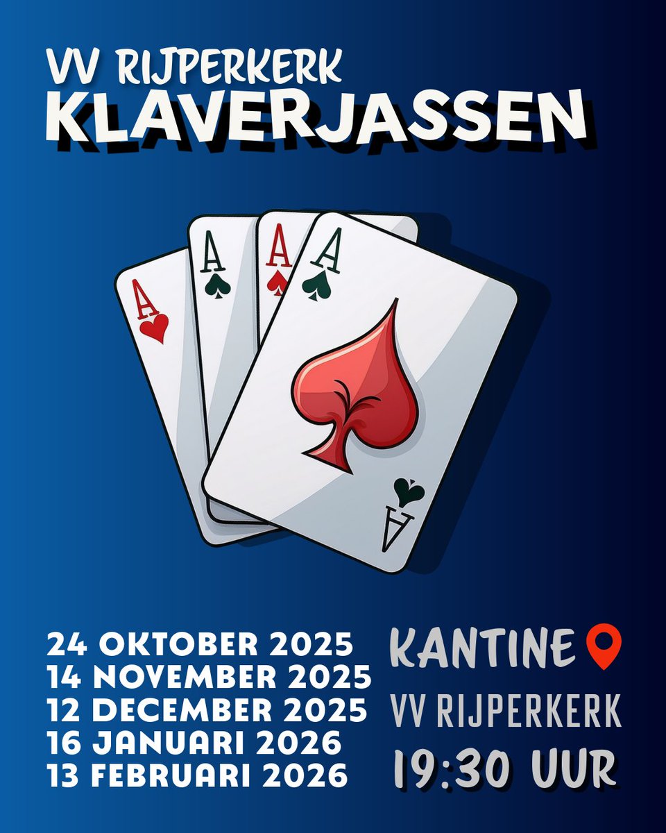 Slechter weer en donkere dagen betekent maar 1 ding... ♥️♣️♦️♠️

Het Klaverjas-seizoen gaat weer van start! Zet de volgende vrijdagen vast in je agenda:
- 24 oktober 2025
- 14 november 2025
- 12 december 2025
- 16 januari 2026
- 13 februari 2026

⏰ 19:30 uur
📍it Protternest