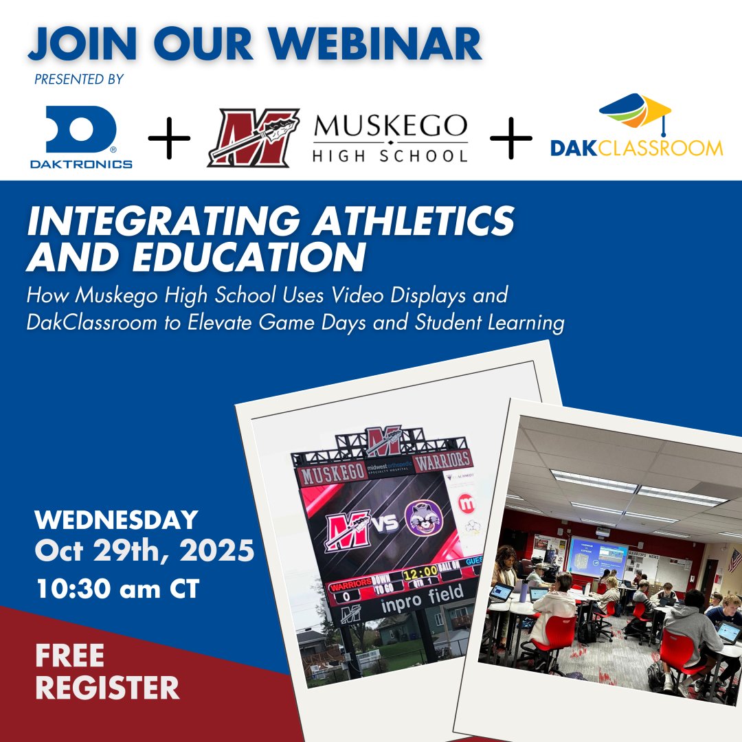 Join us on October 29th for a free Daktronics Webinar! Learn now to elevate game days and student learning!

Sign up: bit.ly/48DKkfU