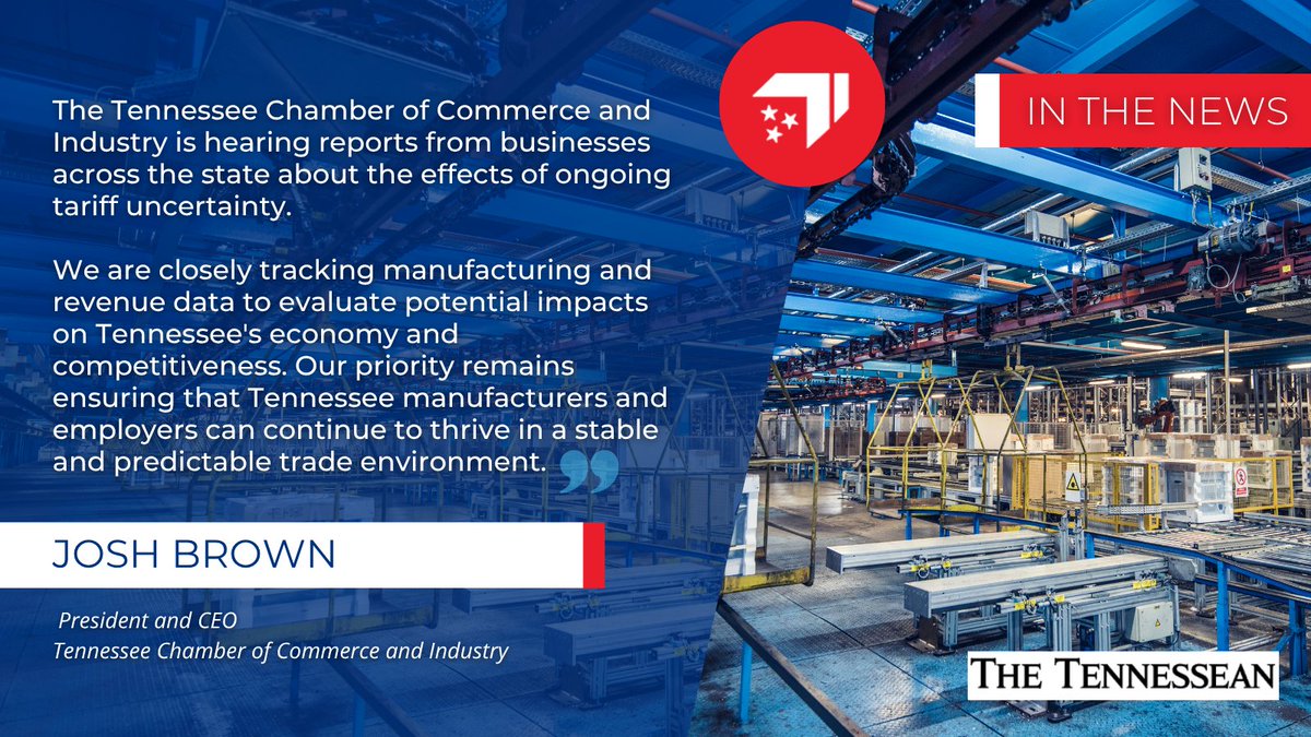 At the Tennessee Chamber, we continue to advocate for a trade environment that supports our employers, strengthens supply chains, and protects Tennessee jobs.

🔗 Hear from Chamber CEO, Josh Brown in The Tennessean: tennessean.com/story/money/20…