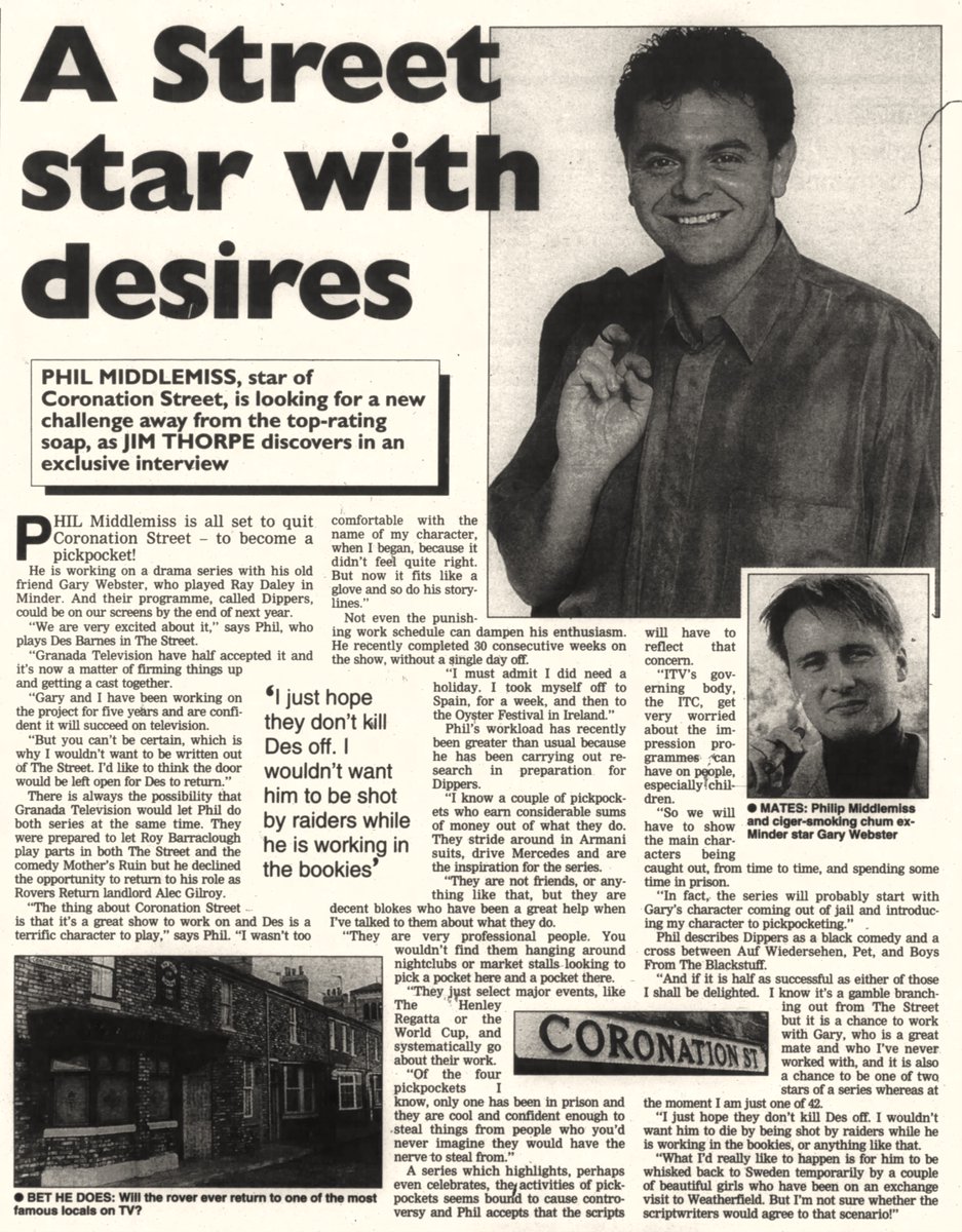 TvDidYouSee's tweet image. #OnThisDay 15 November 1994
A STREET STAR WITH DESIRES
Phil Middlemiss, star of #CoronationStreet, is looking for a new challenge, alongside his old friend #GaryWebster -
"I just hope they don't kill Des off. I wouldn't want him to be shot by raiders . . ."