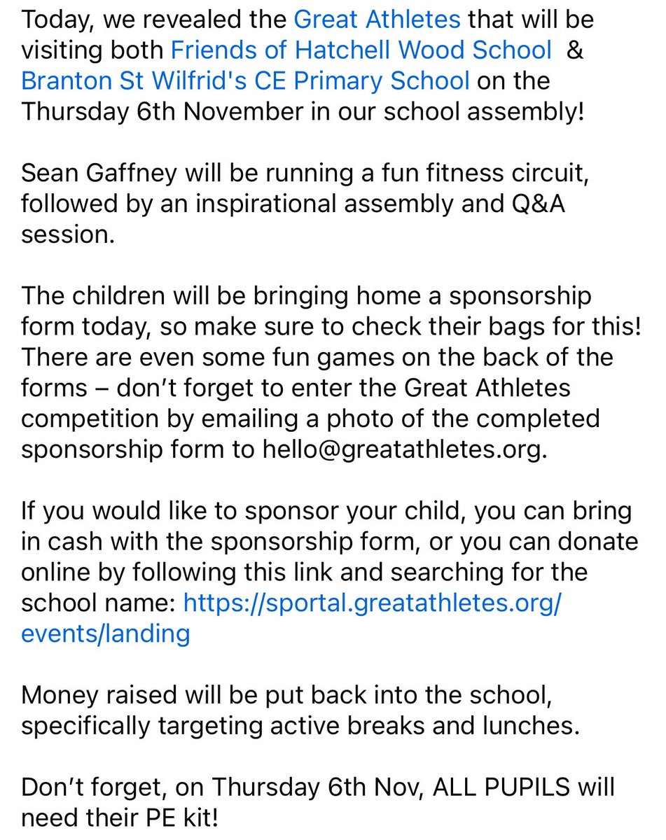 Today, we revealed the <a href="/greatathletesuk/">Great Athletes</a> that will be visiting us on the Thurs 6th Nov in our school assembly!

Sean Gaffney will be running a fun fitness circuit, followed by an inspirational assembly and Q&amp;A session.

<a href="/HatchellWood/">Hatchell Wood</a> <a href="/BrantonLearners/">Branton St Wilfrid's</a>