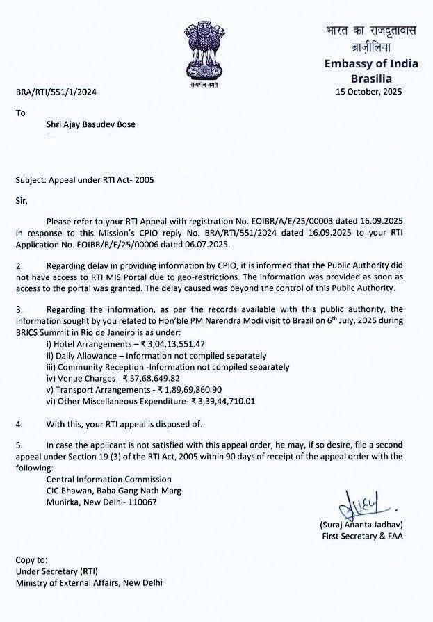 AnjubalaRa11899's tweet image. Official RTI reply from the Embassy of India, Brasília — detailing expenses for PM Modi’s visit to Brazil (July 2025, BRICS Summit).

Figures seem to be attractive, who&apos;s attraction is this 

#PMModiVisit