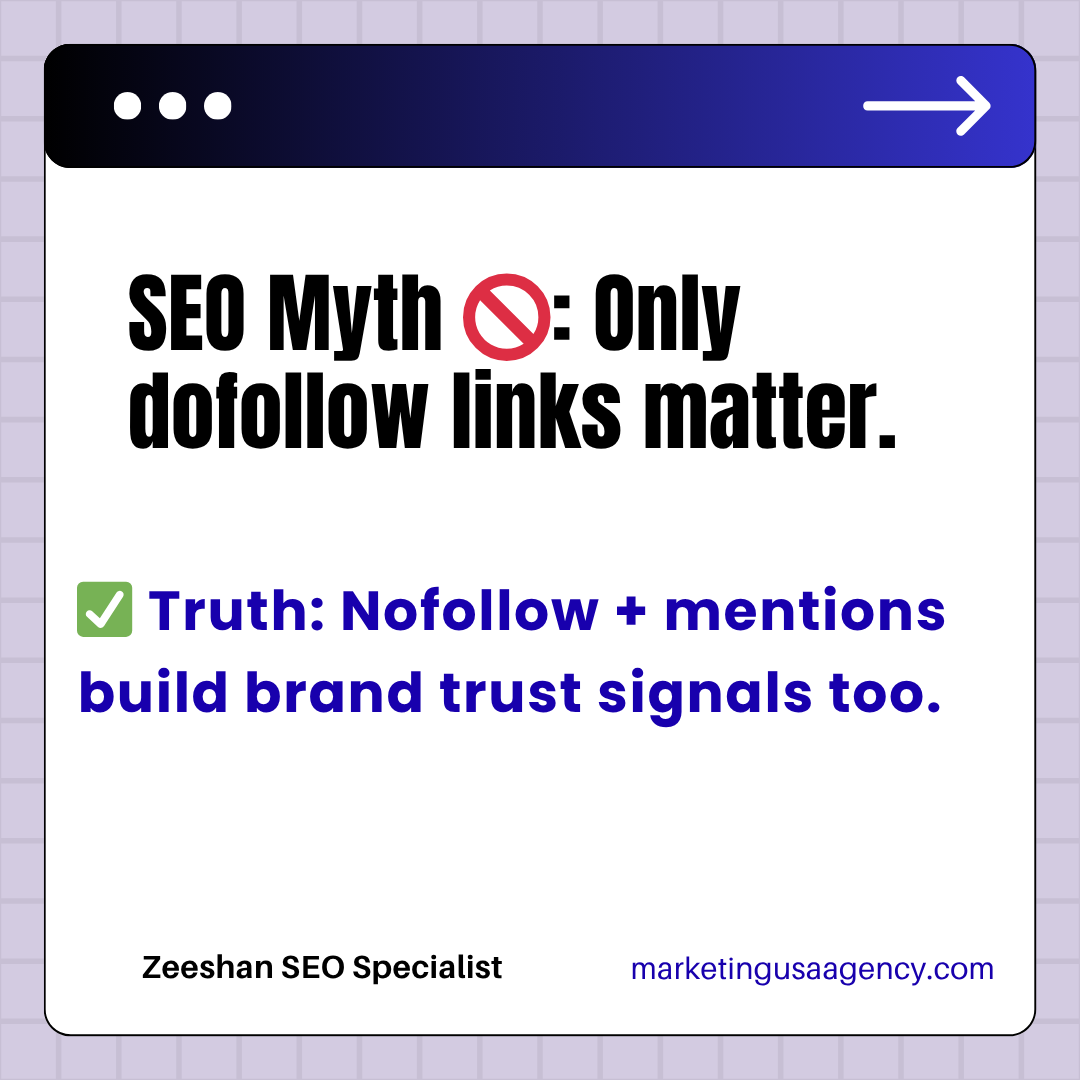 zeeshan_seo1's tweet image. SEO Myth 🚫: Only dofollow links matter.
 ✅ Truth: Nofollow + mentions build brand trust signals too.
 #SEOTruth #BacklinkTips #zeeshanseospecialist  #zeeshanseoexpert