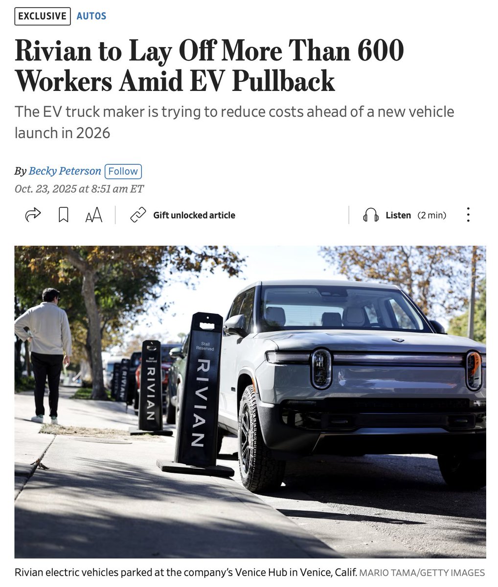 Green New Scammer Rivian lays off 600 workers. Here's to hoping Rivian can make a car that consumers want and that taxpayers don't have t pay for. 🥂

wsj.com/business/autos…