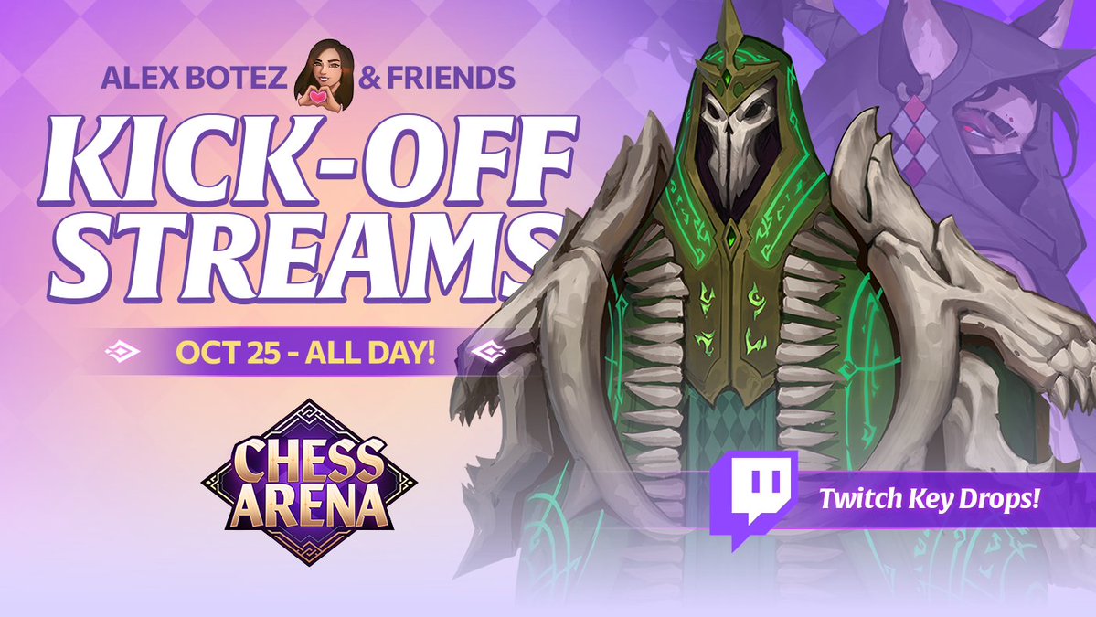 chessarenagame's tweet image. We're kicking off Season 0: Closed Beta on Twitch! Alex Botez and other gaming creators will be streaming Chess Arena throughout the day on Saturday October 25. 
Swing by to get Steam key drops and have a chance to play directly with one of the creators!
discord.gg/pMWFHZ49