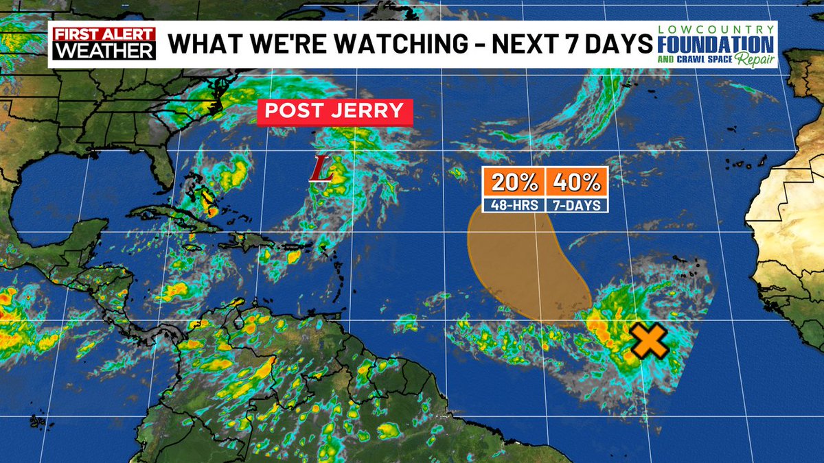 WxDylanSmith's tweet image. Jerry has now fallen apart. However, we&apos;re watching a new area with a 40% of forming into a tropical system within the next 7 days. #stayupdated