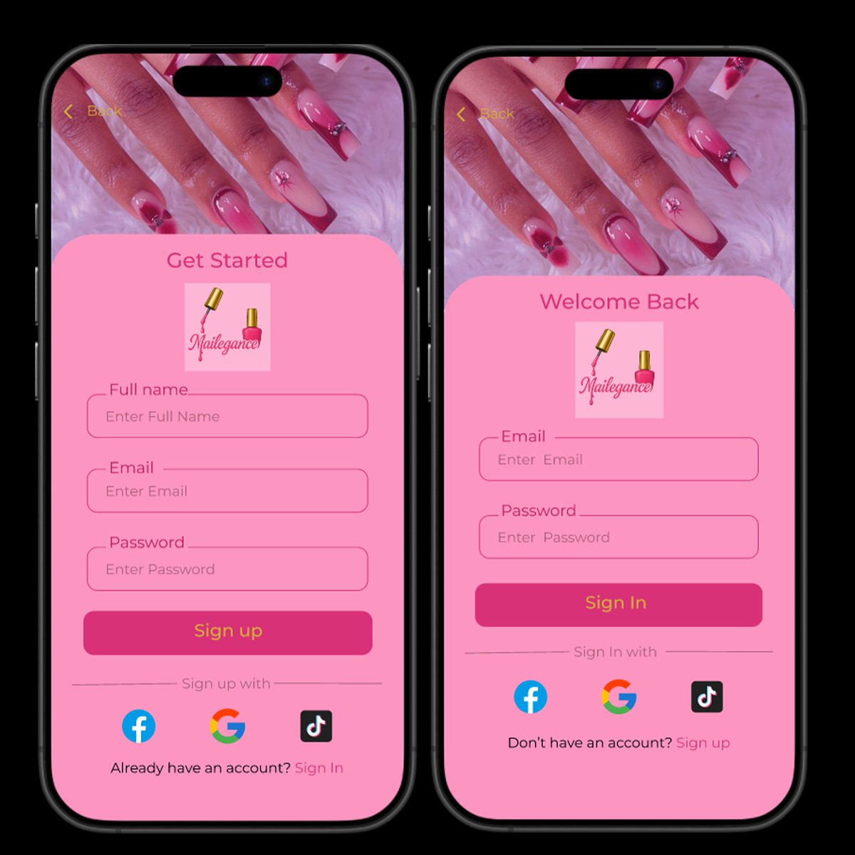 thecybermano's tweet image. Designed my first beauty app screens &quot;Nailegance&quot;
What do you think of the Sign In &amp;amp; Sign Up pages?
I’m open to corrections!
#FigmaDesign #UIUX #AppDesign #WomenInTech  #Nailegance #NailTech 
@HamplusHub @figma