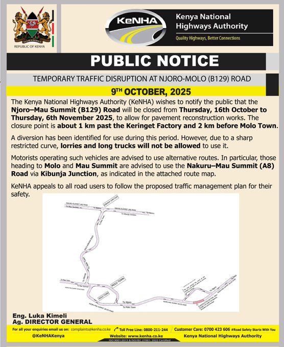 NgugiNgai's tweet image. 🚧 TRAFFIC ALERT 🚧
KeNHA has announced the temporary closure of the Njoro–Mau Summit (B129) Road from 16th October to 6th November 2025 for pavement reconstruction works.
Motorists are advised to use alternative routes and plan travel accordingly. #Traffic  #RoadSafety #Ngugi