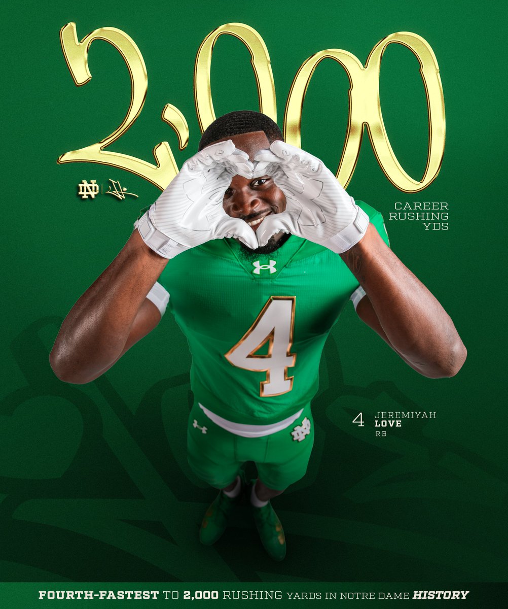 All you need is LOVE 🫶

Jeremiyah Love is the fourth-fastest player to reach 2,000 career rushing yards in Notre Dame history.

He's the second-fastest Irish player to reach this milestone in the modern era.

#GoIrish☘️ | <a href="/JeremiyahLove/">Jeremiyah Love</a>