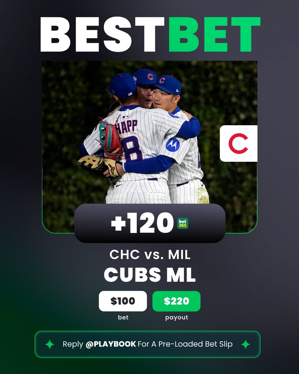 ActionNetworkHQ's tweet image. ⚾️ SATURDAY MLB BEST BET

🐻 CHICAGO CUBS ML
👇 Add directly to your betslip
bit.ly/CHC101125

🗣️ &quot;My larger concern is one that looked foolish for much of the regular season, but maybe it now matters: The Brewers just can&apos;t hit for power.&quot; - @SeanPaulCBB