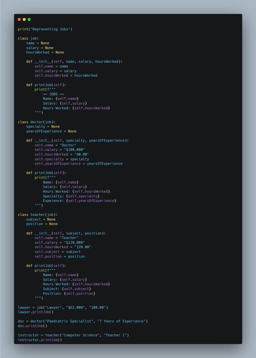 dkingony's tweet image. Day 64 of 100
Today, I unlocked another exciting part of my #Python journey: OOP🧠
I learnt how to define a class, methods and structure my code around objects to organize it into reusable systems. I created a job class 👨🏽💻
#Replit100DaysOfCode #100DaysOfCode #buildinginpublic