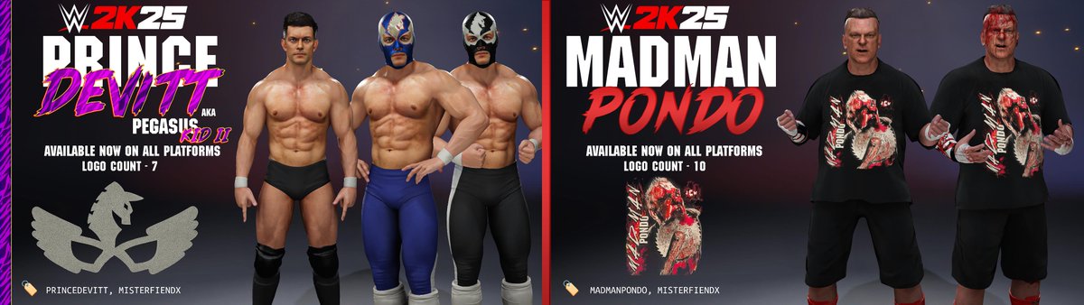 Next CAW pack is a bit bloody 🩸👊

All are now available on #WWE2K25 
🏷️WILLIEMACK, TRENTSEVEN, MALICE, PRINCEDEVVITT, PEGASUSKID, MADMANPONDO &amp; MisterFiendX

● Contains:
★ Willie Mack 🍫
★ Trent Seven 🇬🇧
★ Malice (AKA The Wall) 🤘
★ Prince Devitt (Under Pegasus Kid II