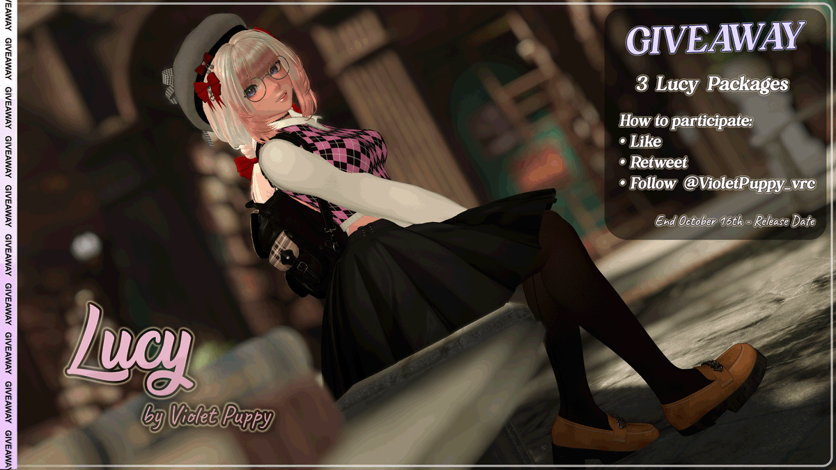 Violet Puppy (@violetpuppy_vrc) on Twitter photo It's time! 💜 LUCY Giveaway~ ✨
I'm glad to announce that Lucy will release on the 16th!
🎁 3x Lucy Packages
How to join:
💜Retweet & Like this Post
💜Follow <a href="/VioletPuppy_vrc/">Violet Puppy</a> 
Ends on October 16th - Release Date! 💫 It's time! 💜 LUCY Giveaway~ ✨
I'm glad to announce that Lucy will release on the 16th!
🎁 3x Lucy Packages
How to join:
💜Retweet & Like this Post
💜Follow <a href="/VioletPuppy_vrc/">Violet Puppy</a> 
Ends on October 16th - Release Date! 💫
